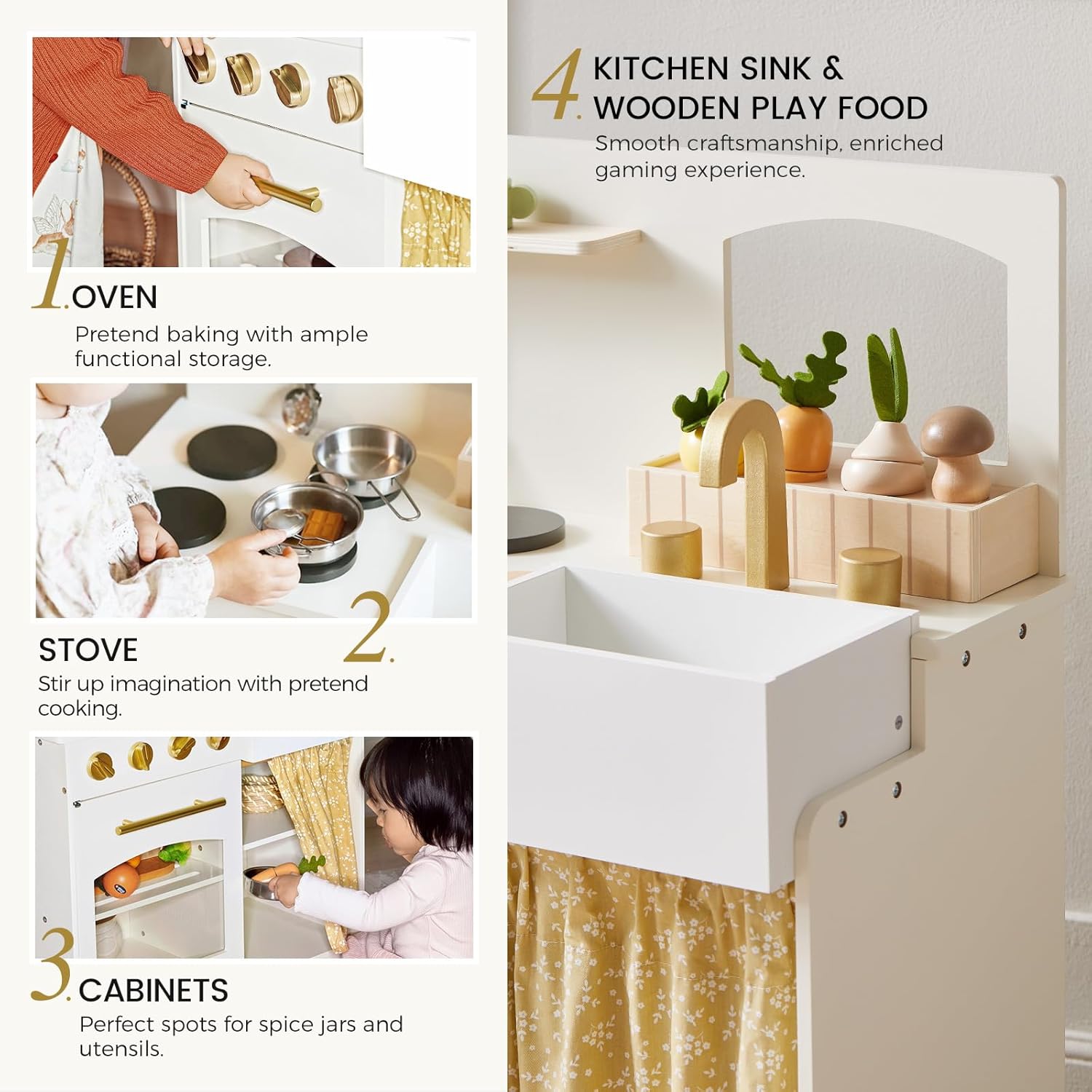 Detalle de Tiny Land Wooden Play Kitchen for Toddlers – Compact Cream Pretend Play Set