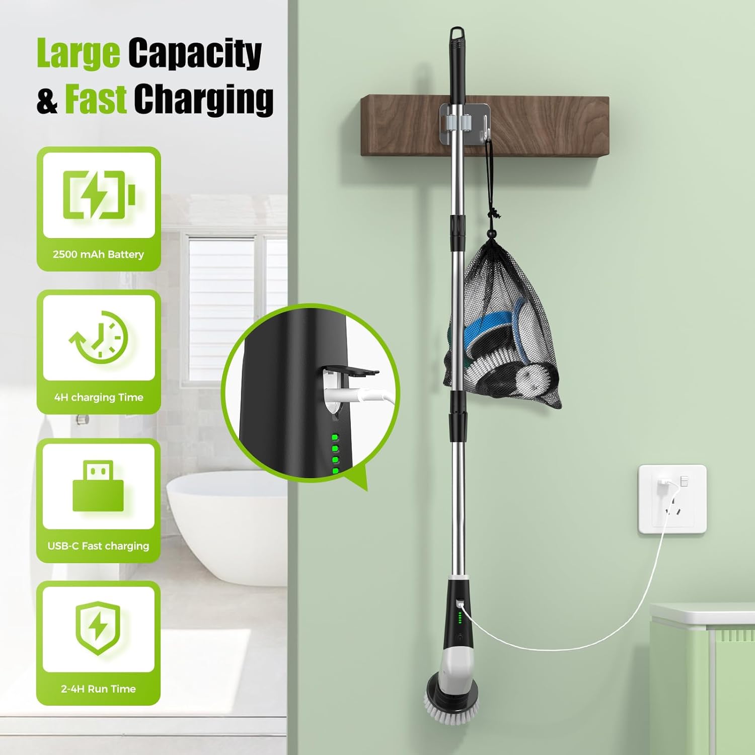 Thumbnail 5 de YKYI Cordless Electric Spin Scrubber with Adjustable Handle, 2 Speeds & 8 Brush Heads (IPX7)