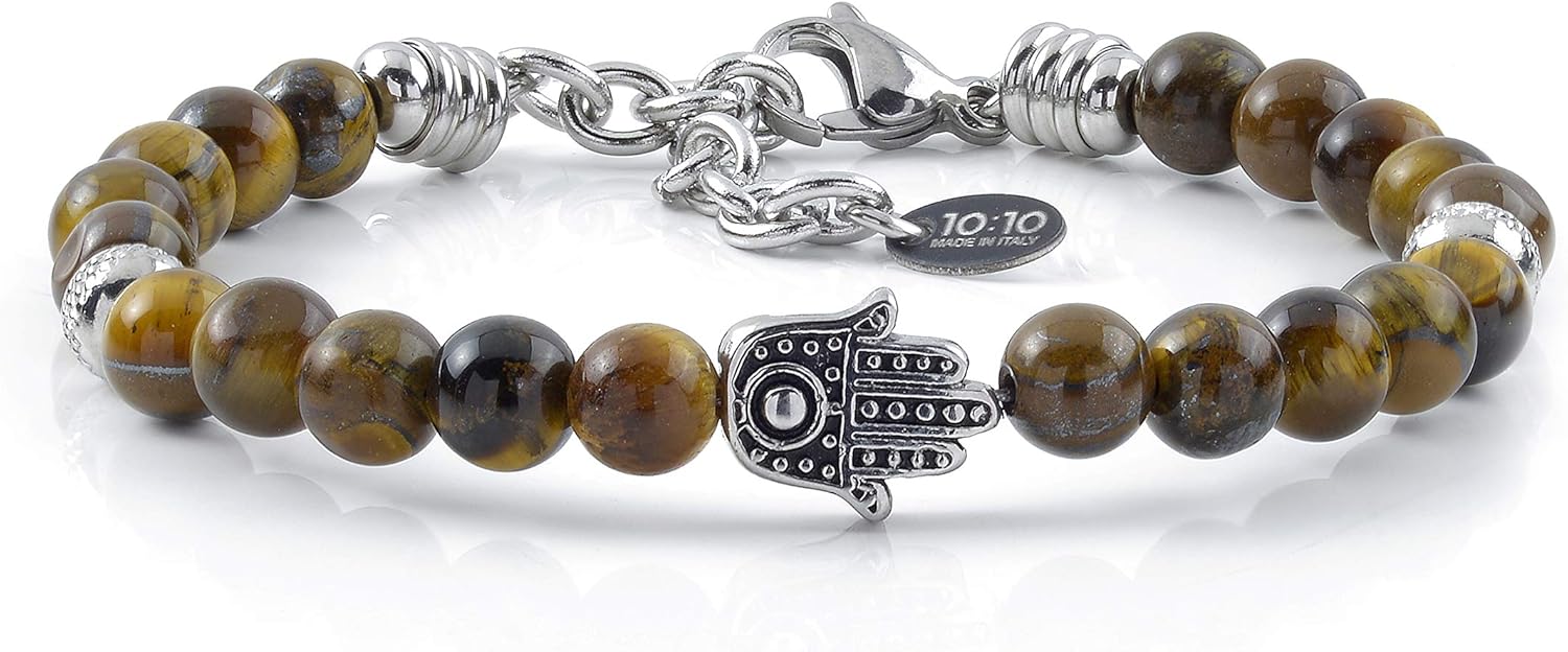 Thumbnail 2 de 10:10 Bracciale mano di Fatima con occhio di tigre 6 mm – inox anallergico, produzione italiana
