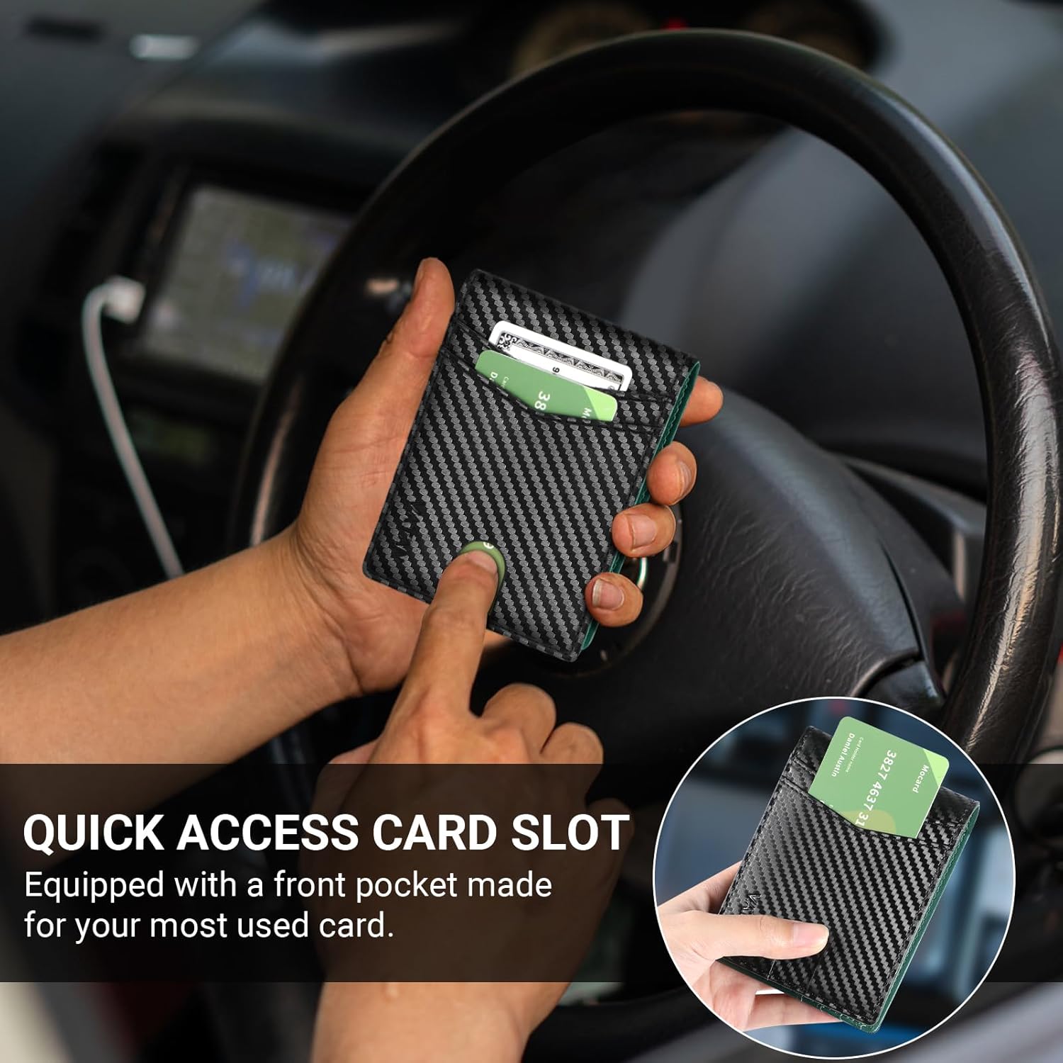 Thumbnail 5 de VATAN Slim RFID Blocking Leather Wallet (Carbon Black & Green) for up to 15 Cards