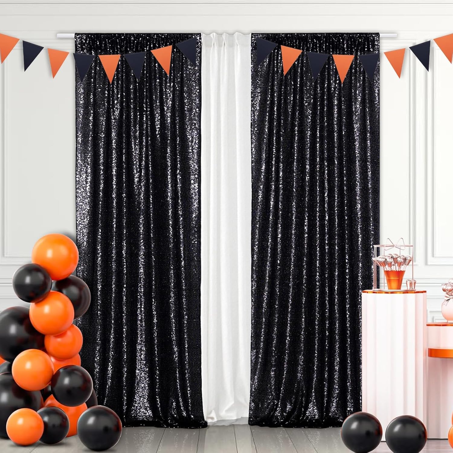 Detalle de 2Pieces Sequin Backdrop 2ft x 8ft (60 x 243 cm) – Black, Shiny Seamless Photo Booth Curtain