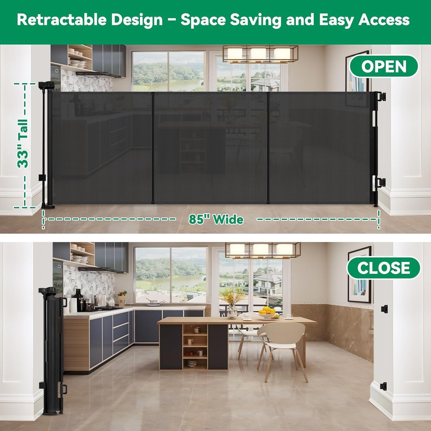 Detalle de KISKIZ 85-Inch Retractable Baby and Pet Gate, Reinforced Mesh, Black