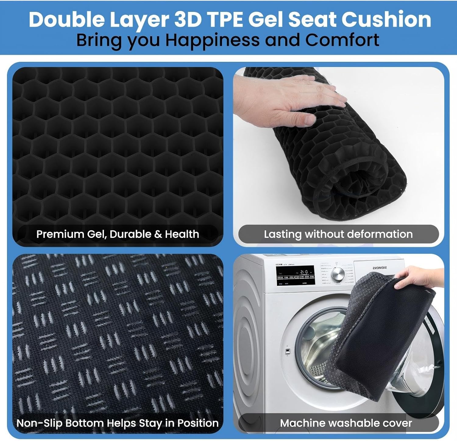 Detalle de Coussin de siège Extra-Large à double couche en gel avec housse antidérapante – BTDZDD (Bleu Ciel, 47 x 44 x 4 cm)