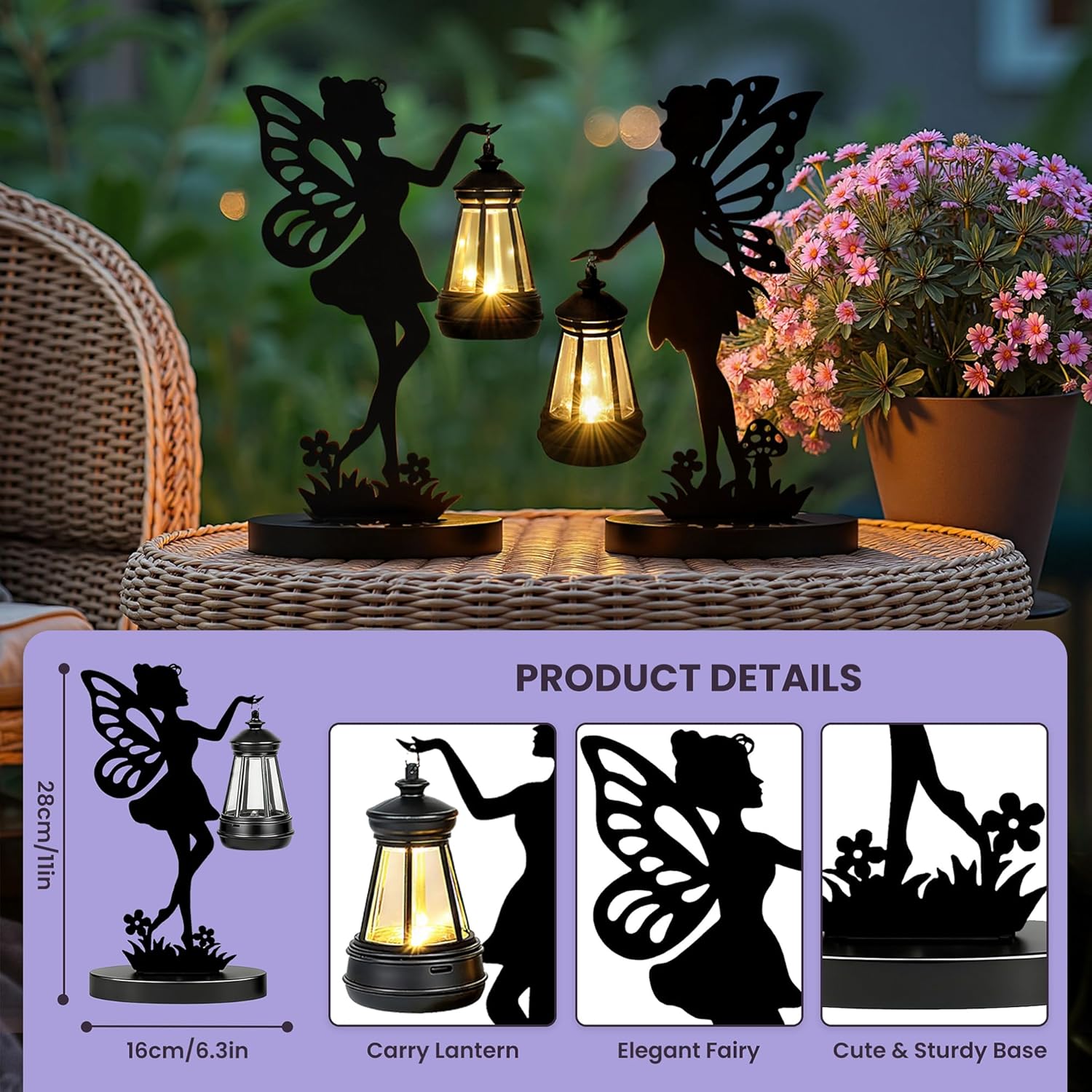 Detalle de GIGALUMI Iron Fairy Statue Garden Ornaments with Solar Lights (2 Pack) – Waterproof Outdoor Lantern Statues