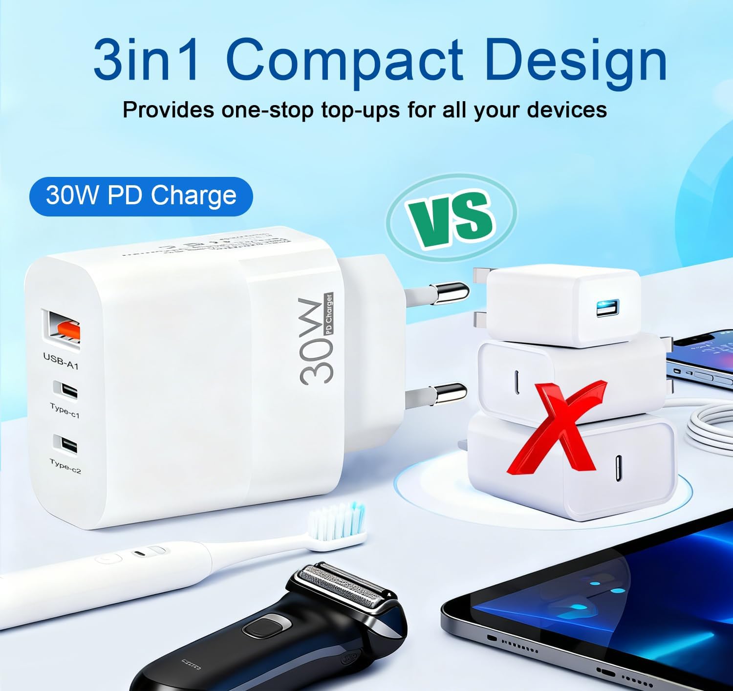 Detalle de EU Plug Travel Adapter Charger with 2 USB-C and 1 USB-A — 30W PD Fast Charging