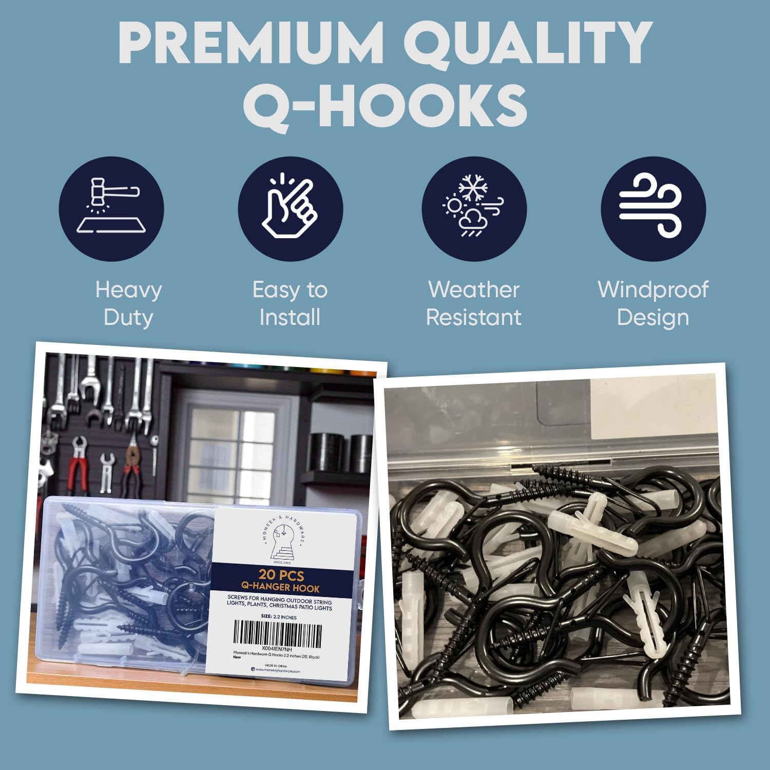 Thumbnail 6 de Moneek's Hardware 20 Pack Black Q Hooks for Hanging: Heavy-Duty Ceiling Hooks for Outdoor Use