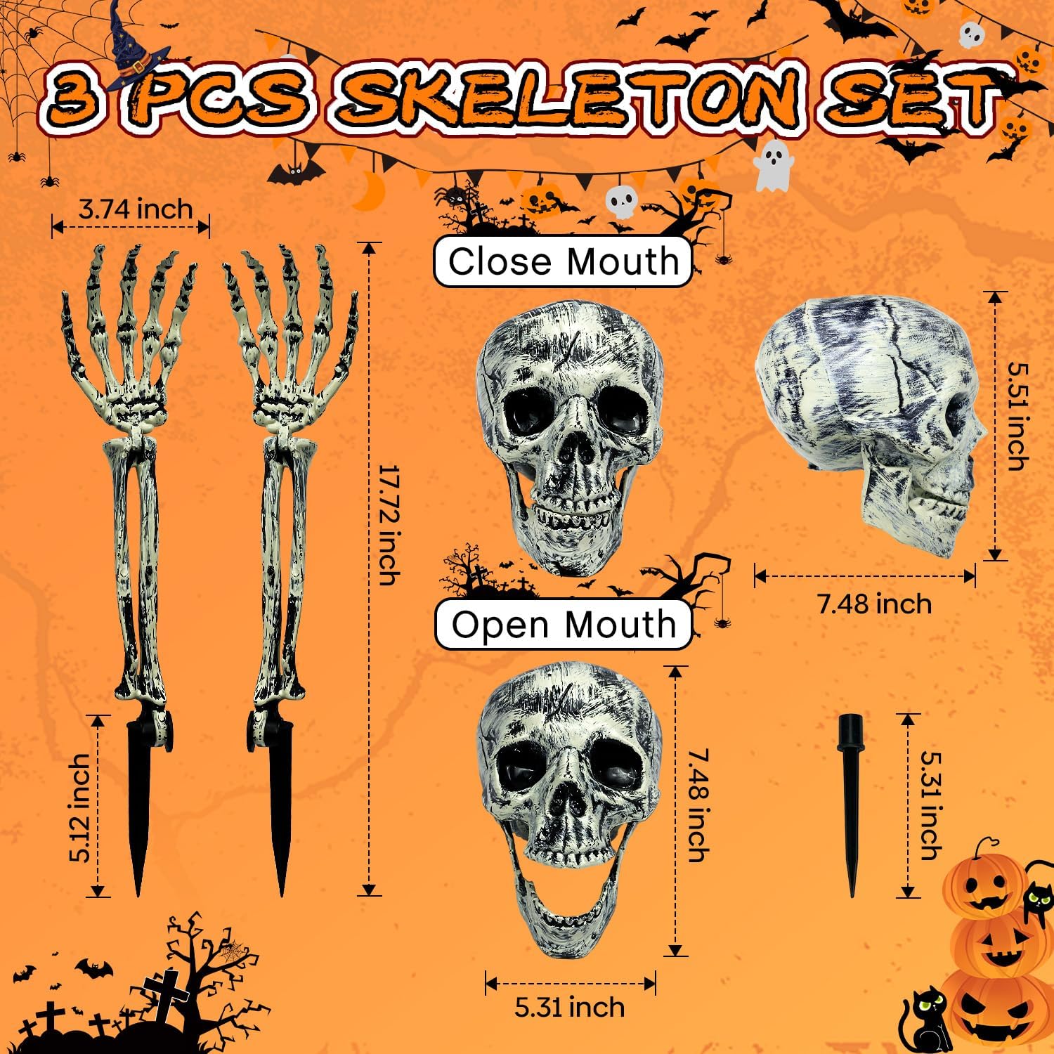 Detalle de GGAQHLK skull-B-3p Halloween Skeleton Stakes, 3-Piece Plastic Set