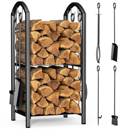 Detalle de VOUNOT Porte-Bûches de Cheminée grande capacité avec 4 outils et 2 étagères – 75×38×38 cm, Noir