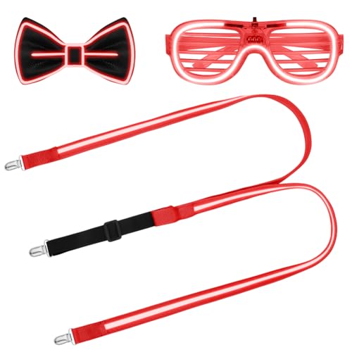 Detalle 2 de Alaoo Gafas LED Luminosas, 3 piezas (corbata, pajarita y tirantes) en rojo