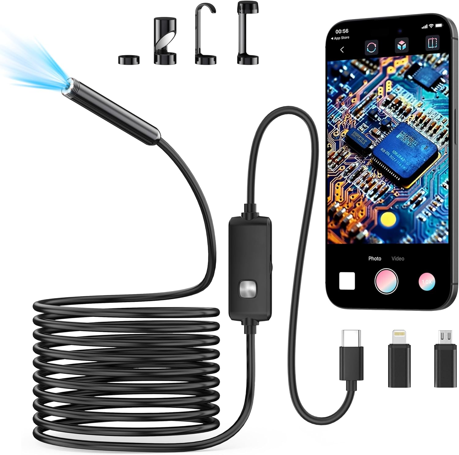 Detalle de Ditomil Endoscope Camera, 1920×1440, 16.4ft Semi-Rigid Cable, 8 LEDs