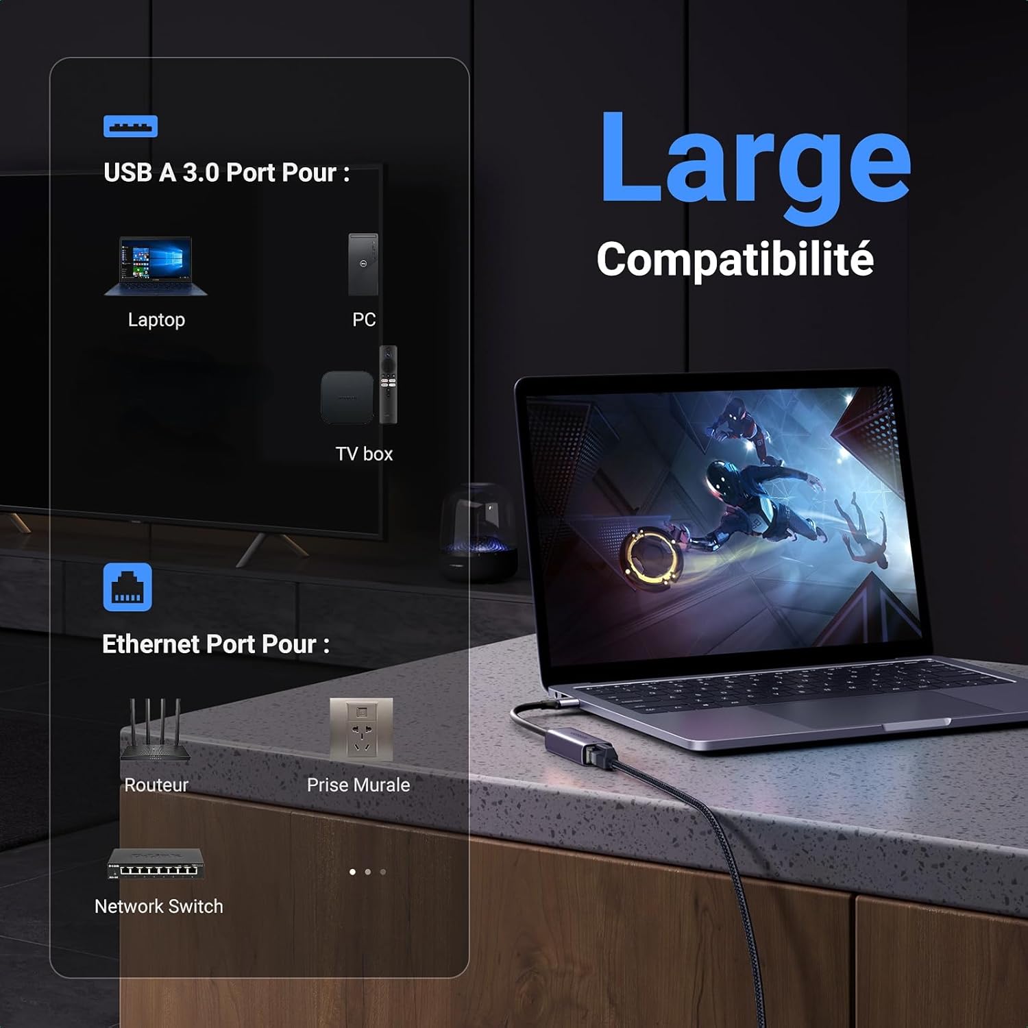 Thumbnail 3 de UGREEN Adaptateur USB vers Ethernet Gigabit 1000 Mbps RJ45 (USB 3.0, Plug & Play) — Gris