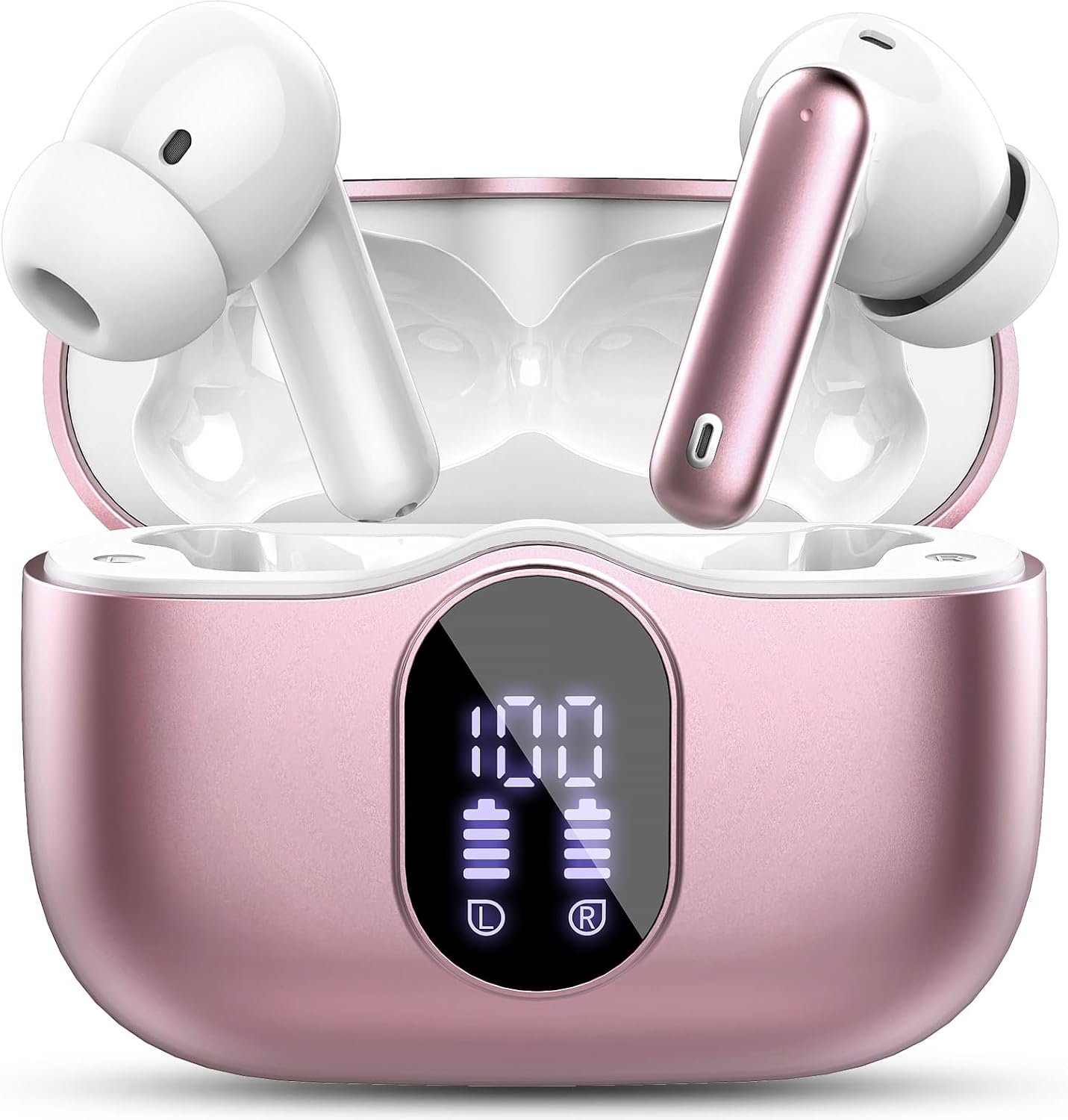 Detalle de Btootos A-A90 Pro Wireless Earbuds, Bluetooth 5.4, Rose Gold, LED Display