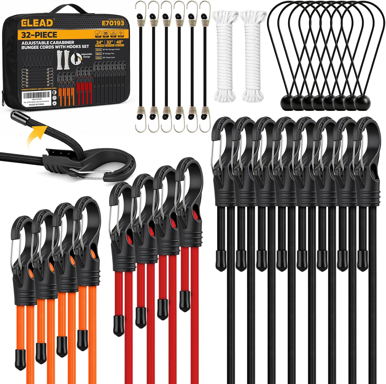 Detalle de ELEAD 32-Piece Adjustable Bungee Cord Set with Carabiner Hooks
