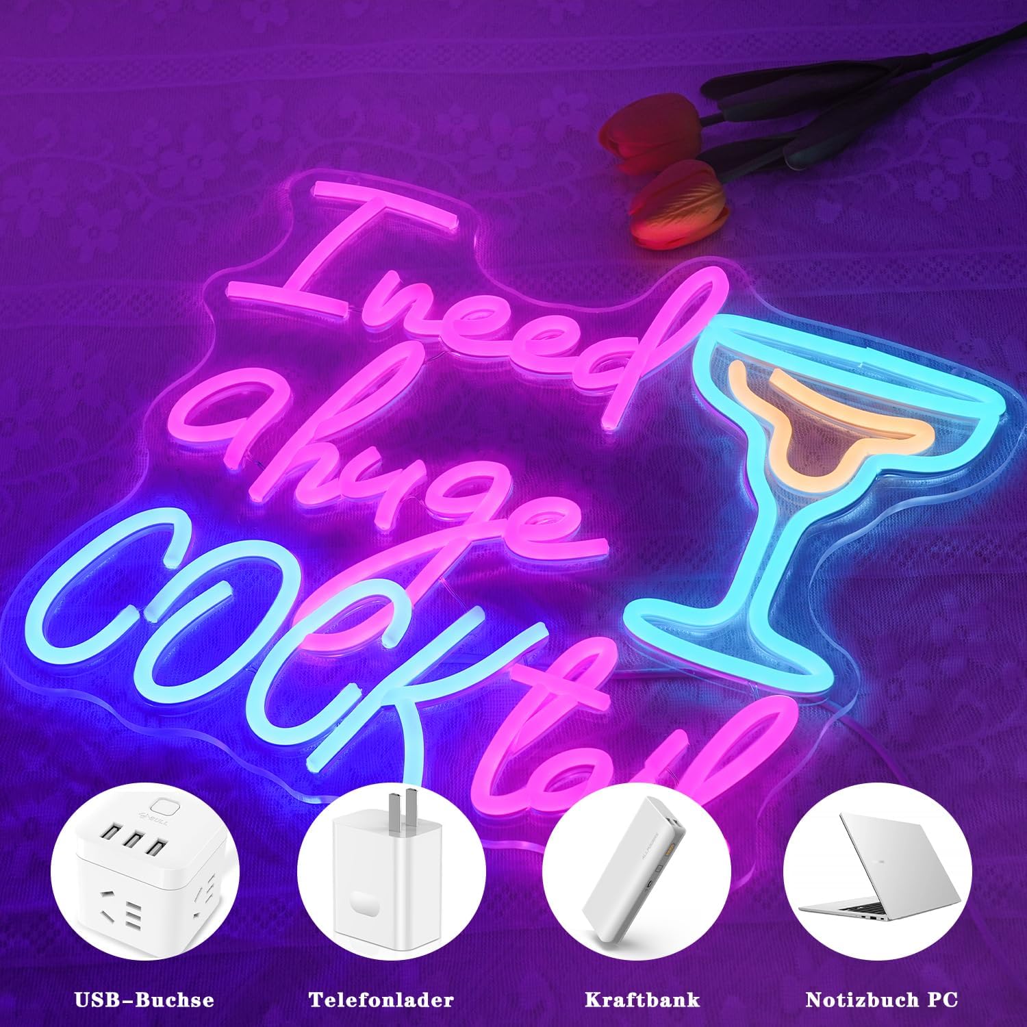 Thumbnail 2 de LMSIGNLY Cocktail Neon Schild – farbiges LED-Lichter-Schild für Wanddeko (14,2 x 12,6 Zoll)