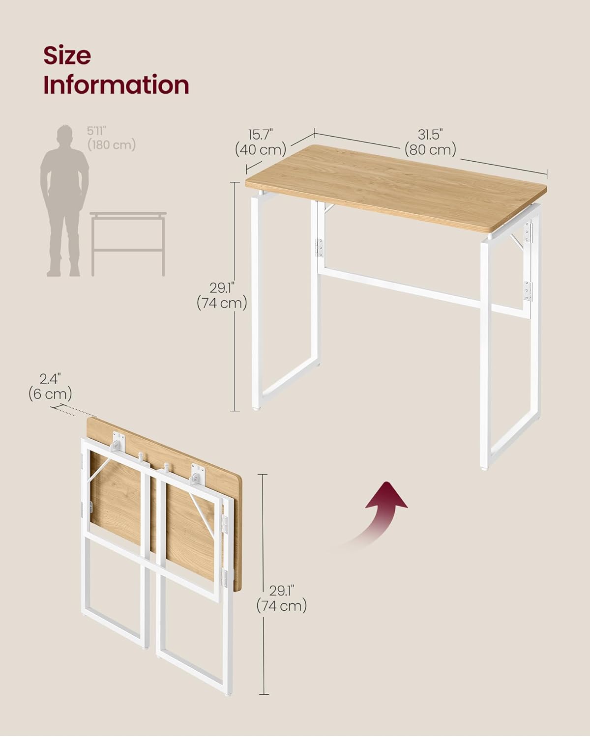 Thumbnail 2 de VASAGLE LWD151YD01 folding desk – foldable computer desk with one-piece desktop, rounded edges (80 x 40 cm)