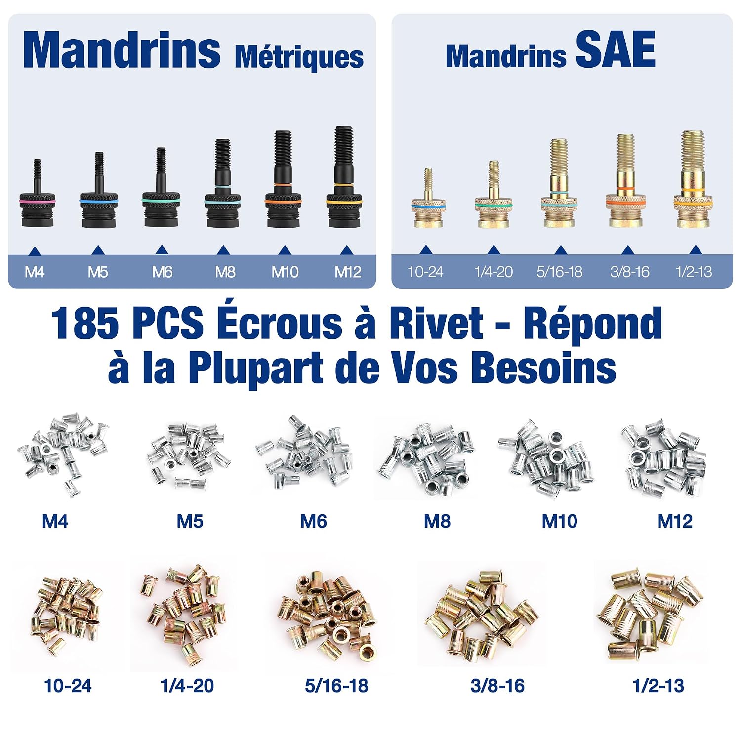 Detalle de WORKPRO Outil à riveter, 40,6 cm - ensemble 11 mandrins et 185 rivets filetés