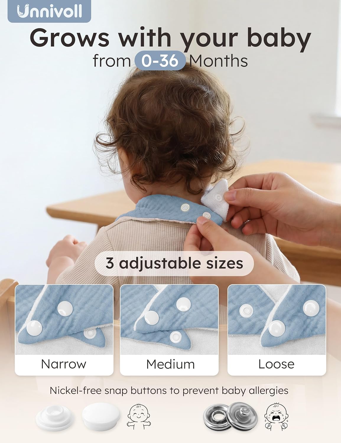 Thumbnail 3 de Unnivoll muslin baby bibs (100% cotton) bandana dribble bibs, 8-pack with adjustable snaps, 0–36 months