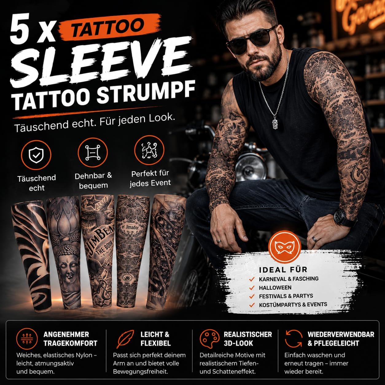 Detalle de Kostimheld® nylonowe rękawy imitujące tatuaże, styl rockera na karnawał i Halloween