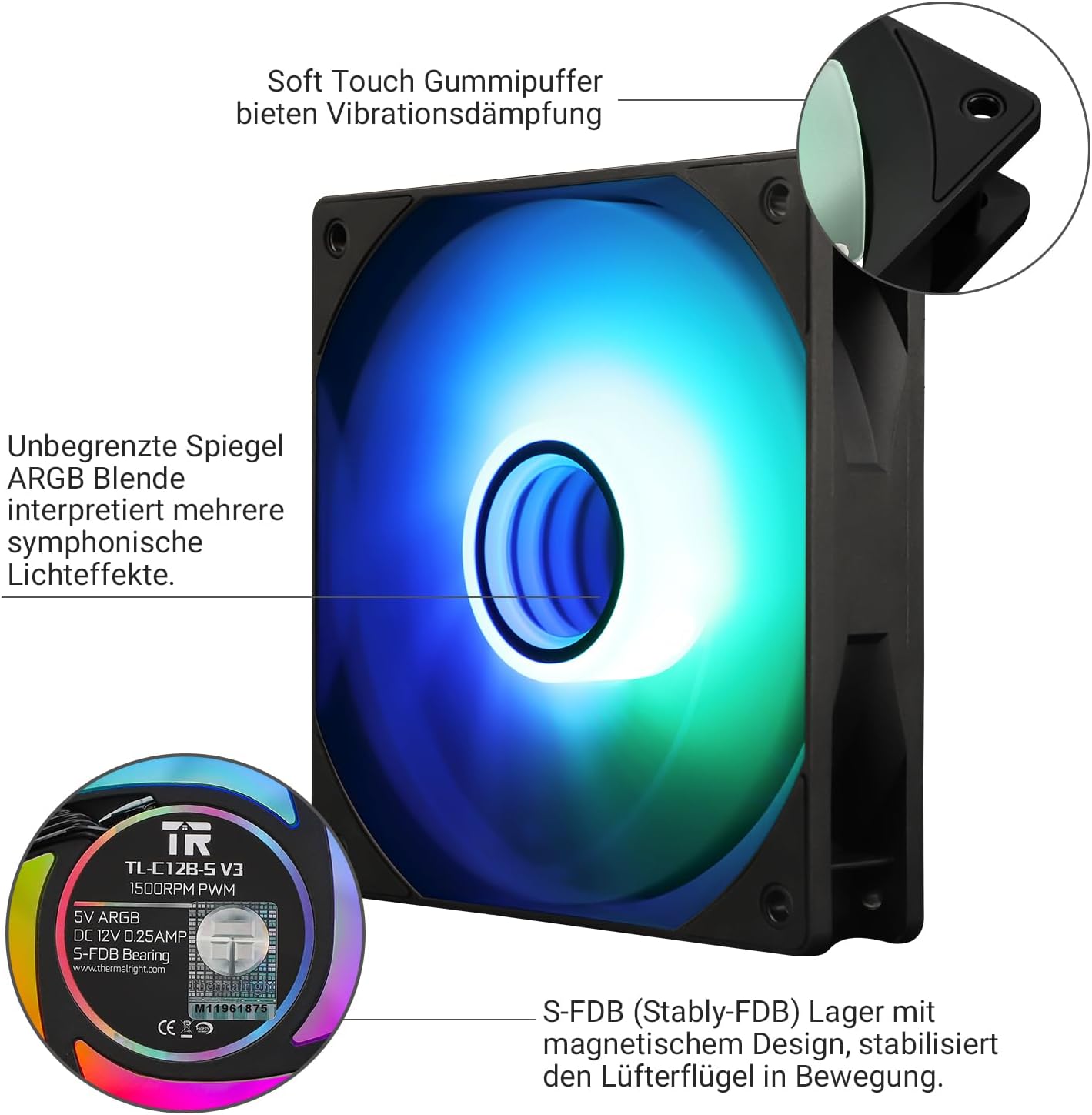 Detalle de Thermalright TL-C12B-S V3 120mm ARGB CPU-Lüfter (3er-Pack)