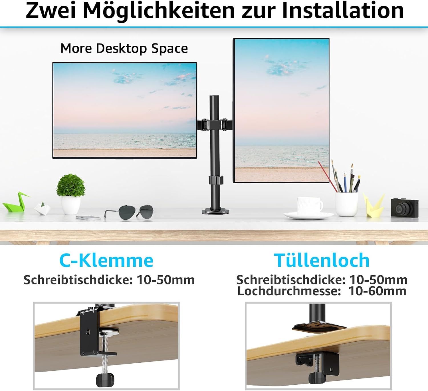 Detalle 2 de MOUNTUP Monitor-Halterung Dual Arm EU0002 für 13–32" (flach & curved), VESA 75/100, bis 8 kg pro Arm