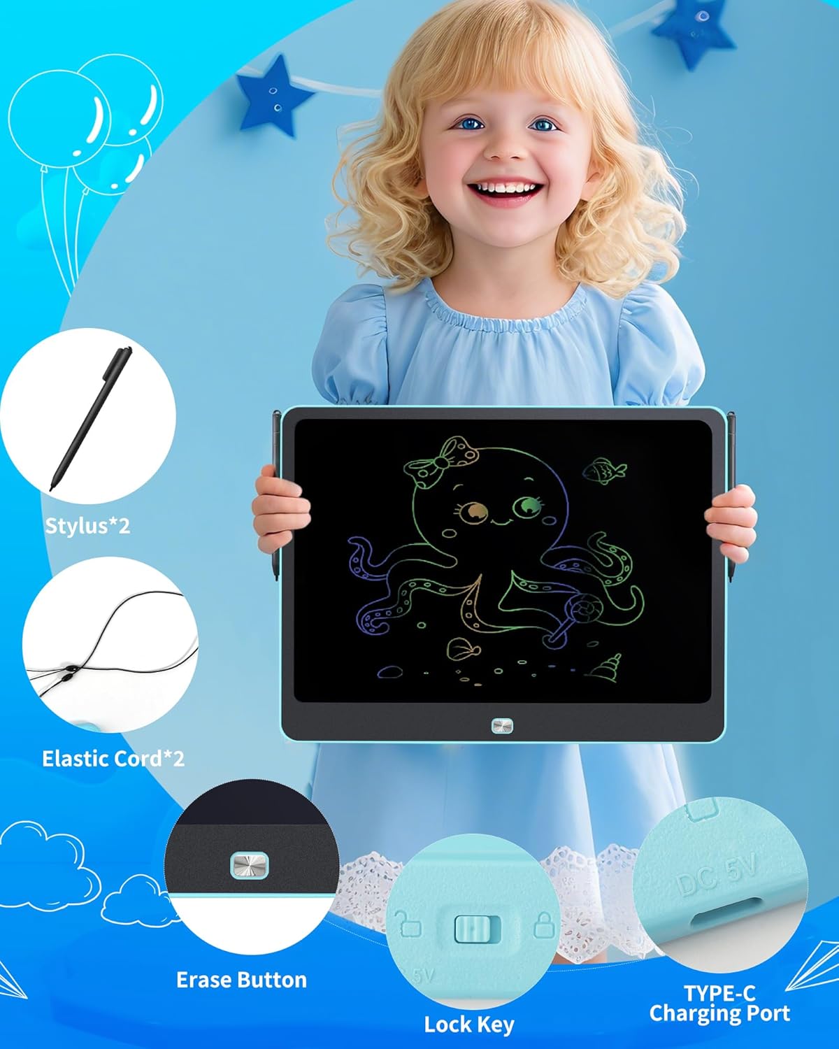 Thumbnail 4 de Rechargeable 16-inch LCD Writing Tablet for Kids (Blue) – Rechargeable doodle board with styluses for ages 3–8