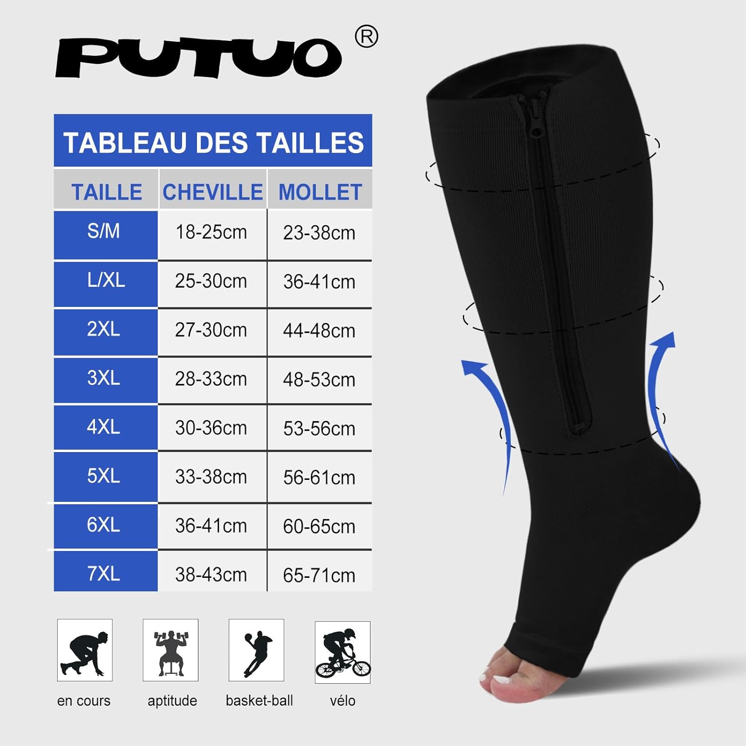 Thumbnail 1 de PUTUO Bas de contention Grande Taille : Chaussettes à zip ouverture et bout ouvert, XXL à 7XL