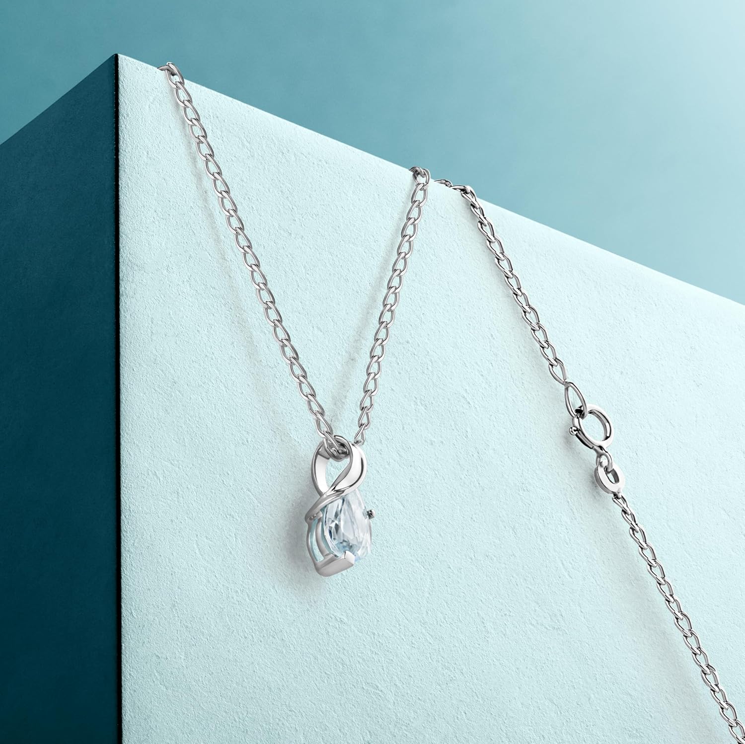 Detalle de Miore Collana Donna con Catena in Oro Bianco 9 Kt / 375 con Aquamarina e Catenina 45 cm