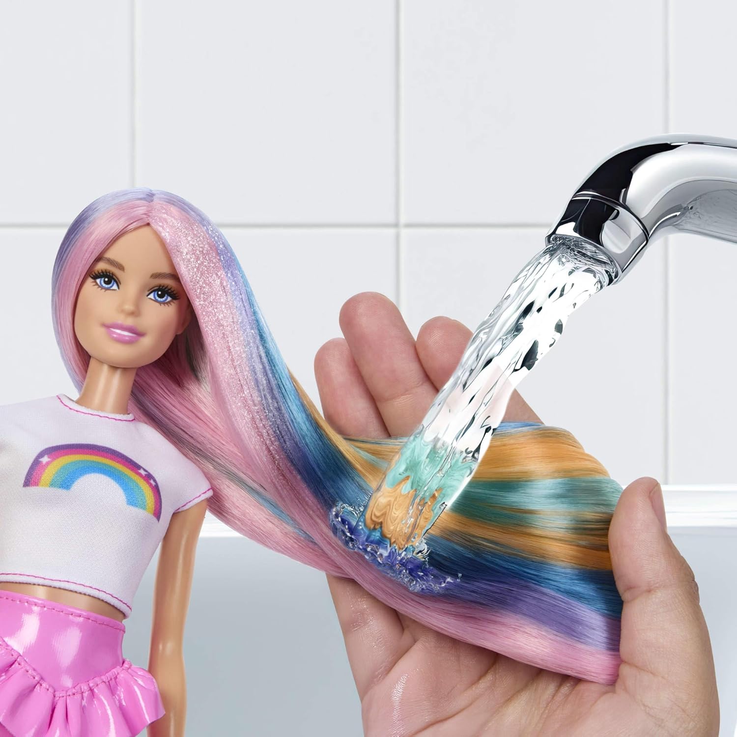 Thumbnail 1 de Barbie Regenbogen-Glitzerhaar Puppe JJP07 – Lange bunte Haare, 12 Styling-Zubehör