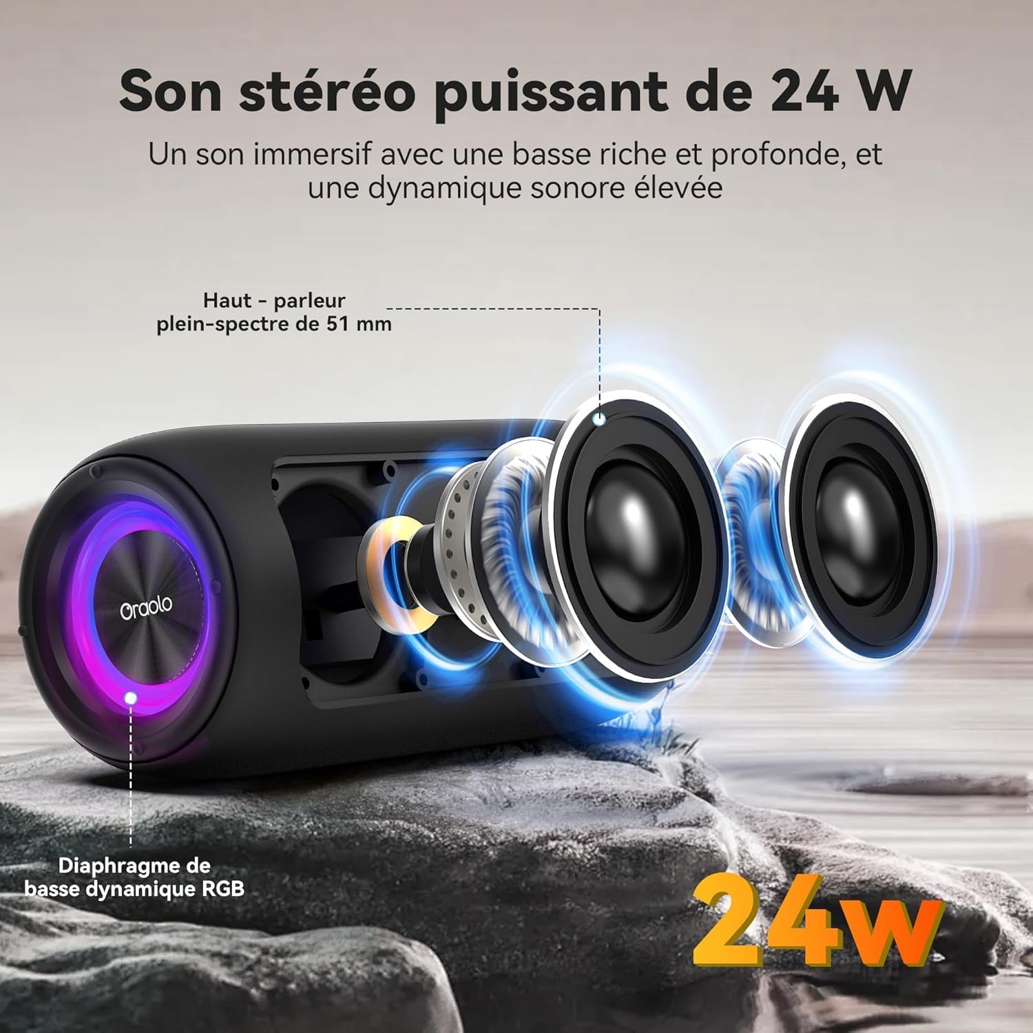 Thumbnail 1 de oraolo Enceinte Bluetooth puissante 24W mini portable IPX6 (Bluetooth 5.4, RGB, TWS, USB, AUX, TF, jusqu’à 30 h)