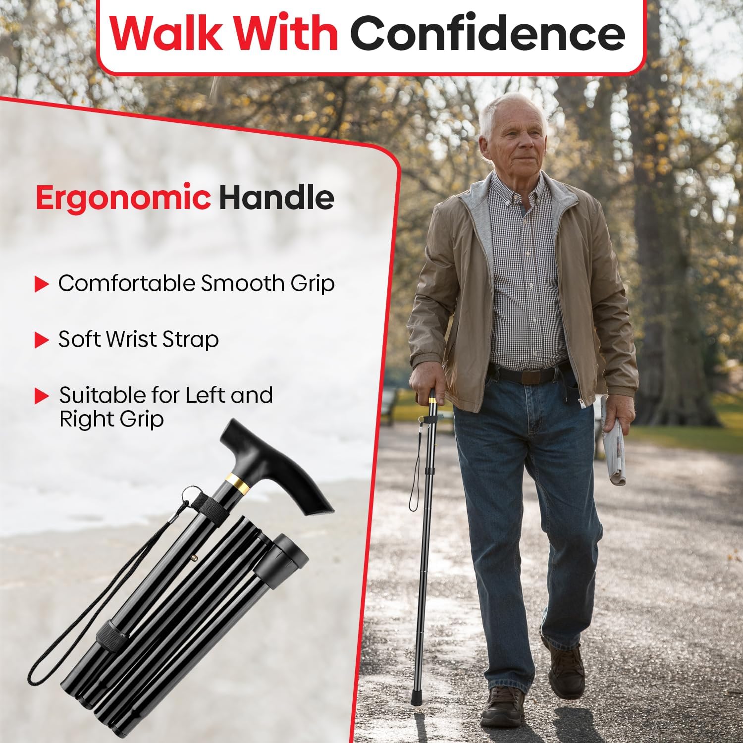 Thumbnail 4 de Folding Extendable Walking Stick Lightweight 3‑Fold