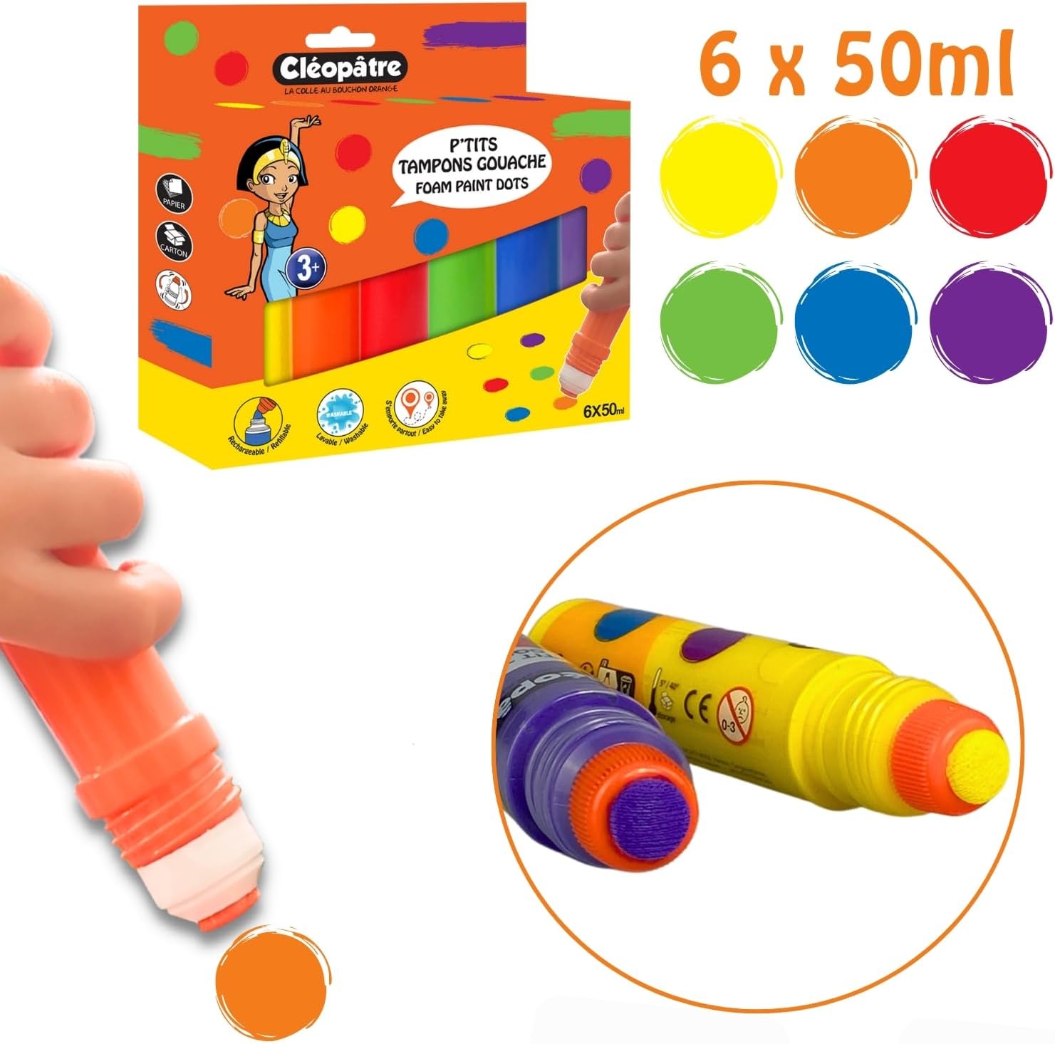 Thumbnail 1 de CLEOPATRE Lot de 6 P’tits Tampons de Peinture Gouache 50ml – 6 couleurs, mousse d’application et rechargeables