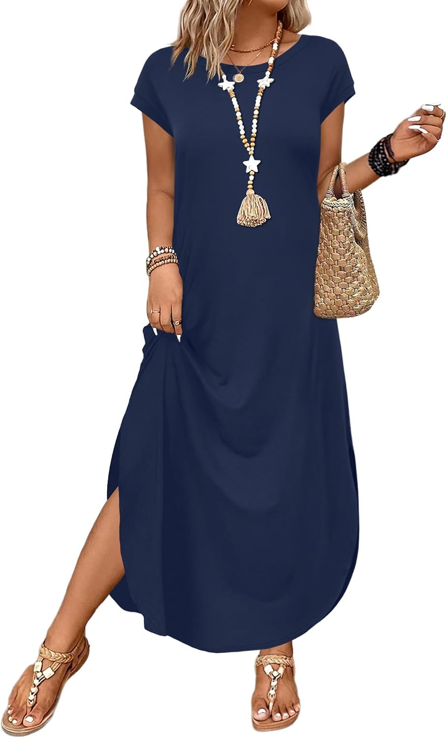 Detalle de WIHOLL Summer Dresses Cap Sleeve Crewneck Maxi Dress with Pockets