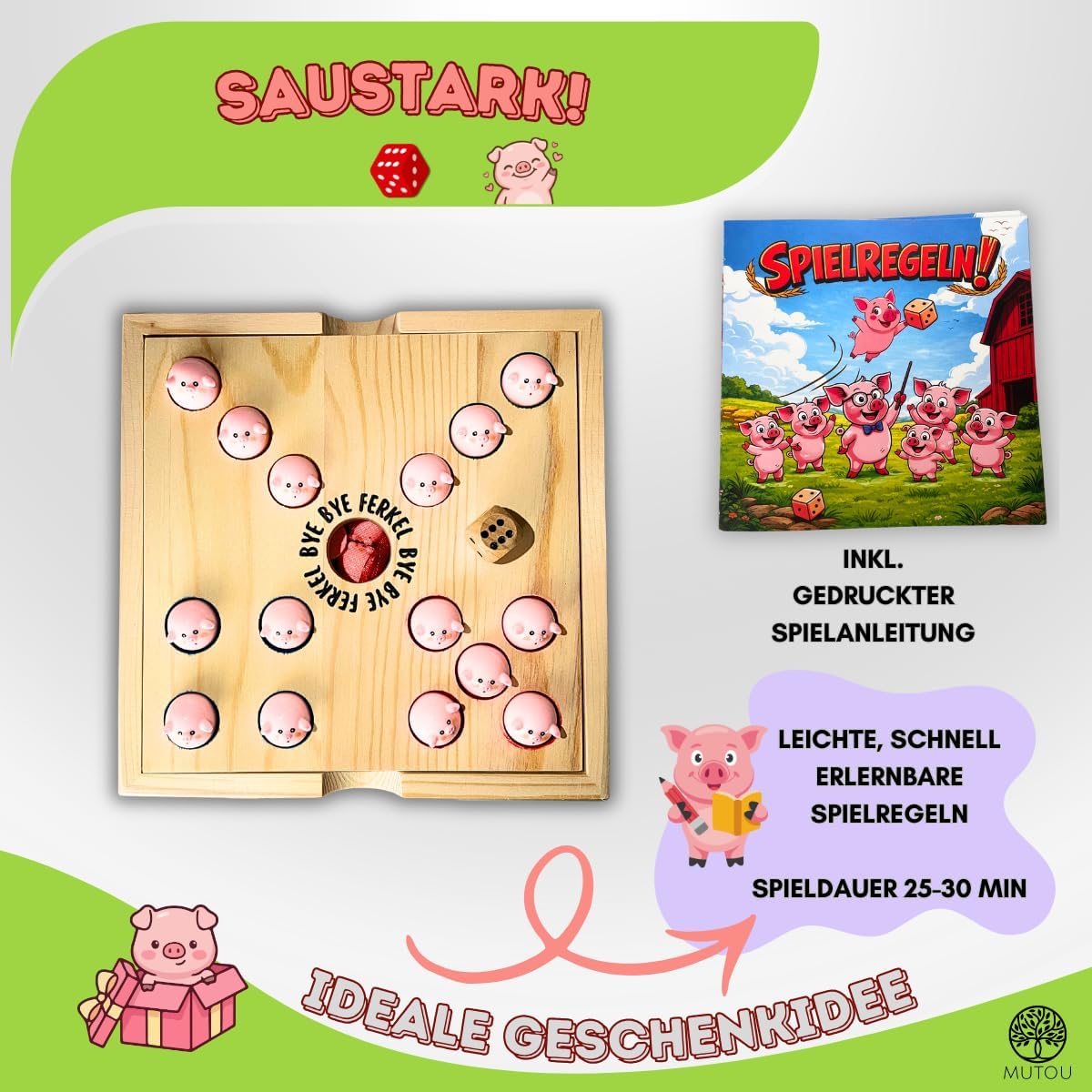 Detalle de Mutou Weg mit dem Ferkel! – Das saulustige Big Hole Würfelspiel aus Holz, 60 Schweinchen, 2–6 Spieler