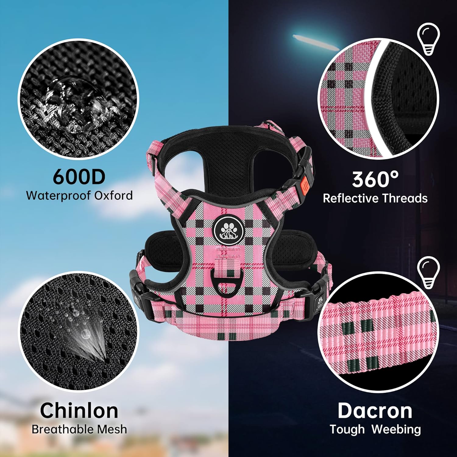 Thumbnail 3 de NESTROAD Hundegeschirr Größe M (kariertes Rosa) – Anti-Zieh Sicherheitsgeschirr mit gepolsterten Gurten