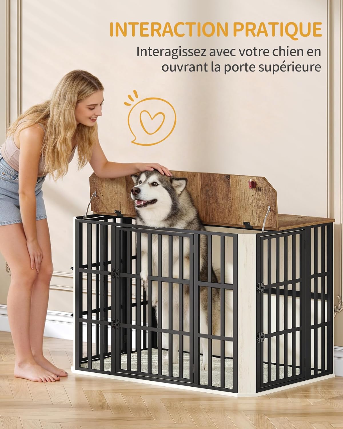 Detalle de Hzuaneri Cage pour Chien en Bois Heavy Cage avec Porte d’alimentation supérieure et design multi-portes – 120 x 75 x 81 cm