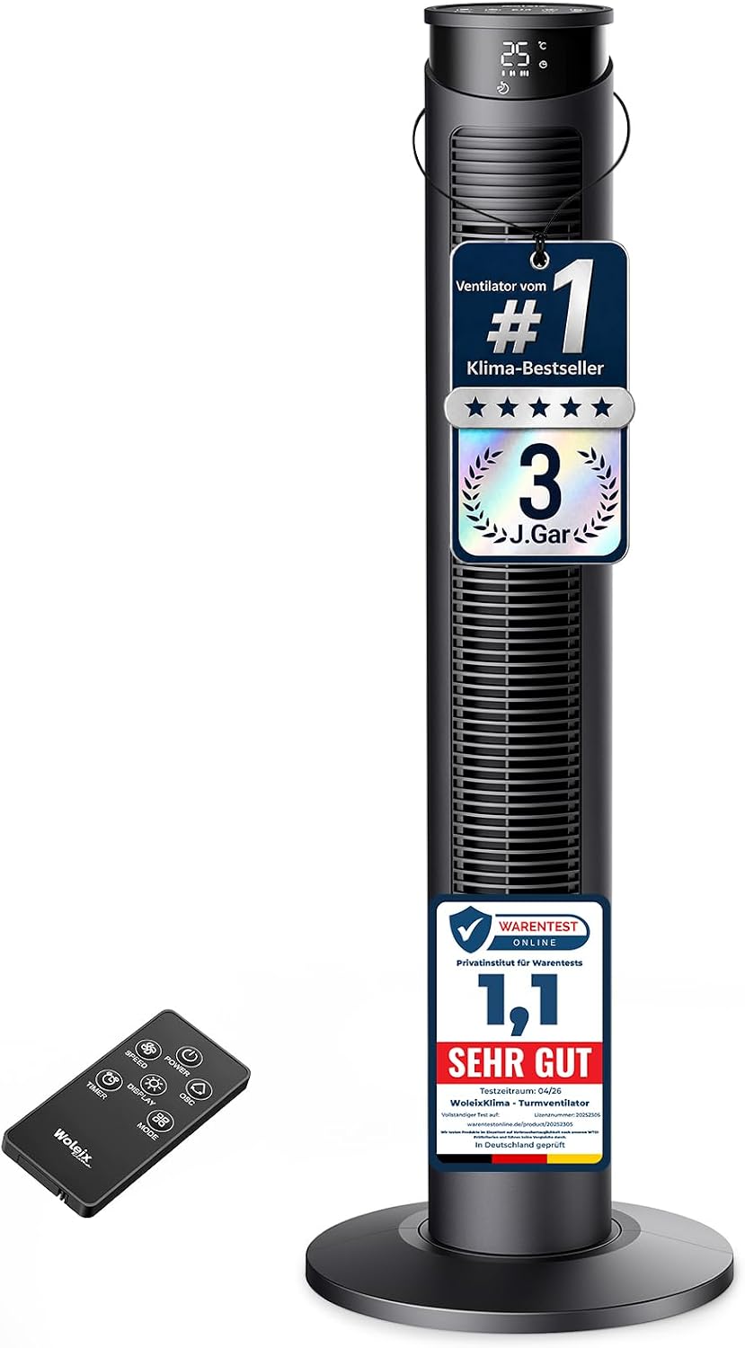 Detalle de WoleixKlima Turmventilator – sehr leise, 75° Oszillation, Fernbedienung, 12h Timer, 40W
