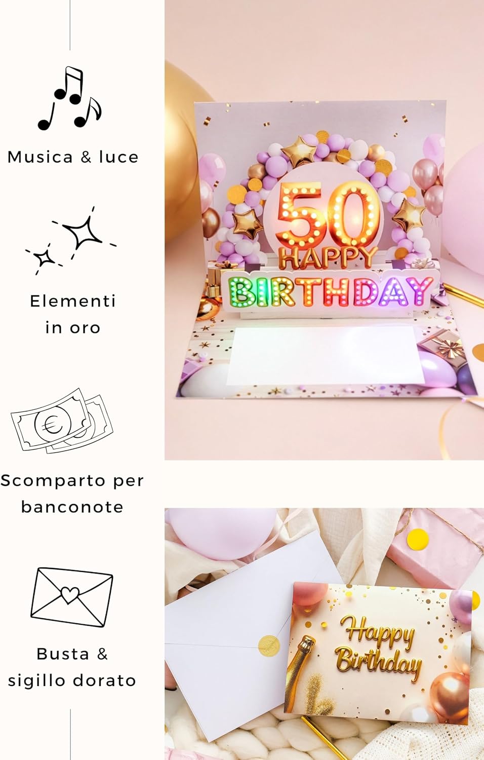 Detalle 2 de Joli Coon – Biglietto auguri 50 anni donna con musica e luce 3D, busta premium e sigillo