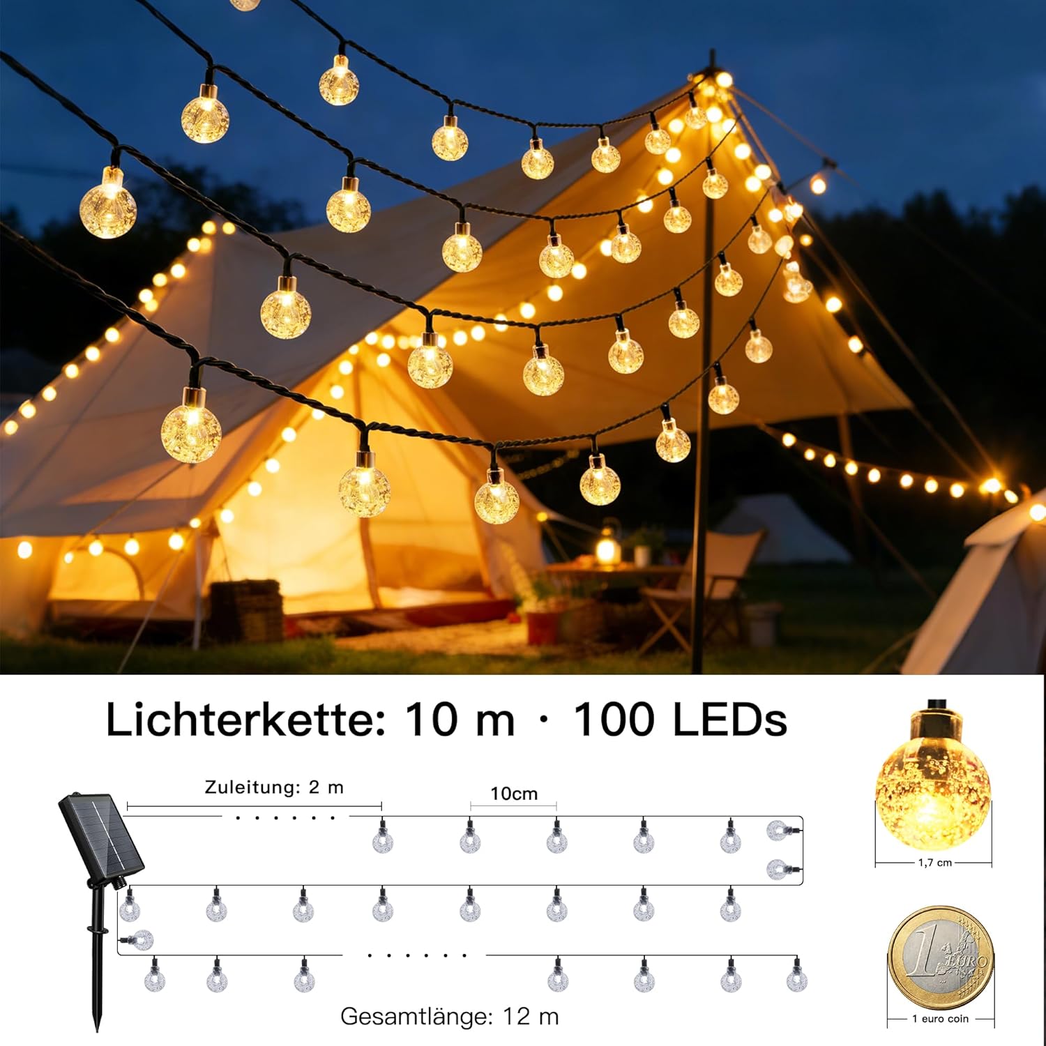Detalle de Hopexy Solar Lichterkette Außen – 10 m, 100 LEDs, IP65/IP44, 8 Modi, Warmweiß