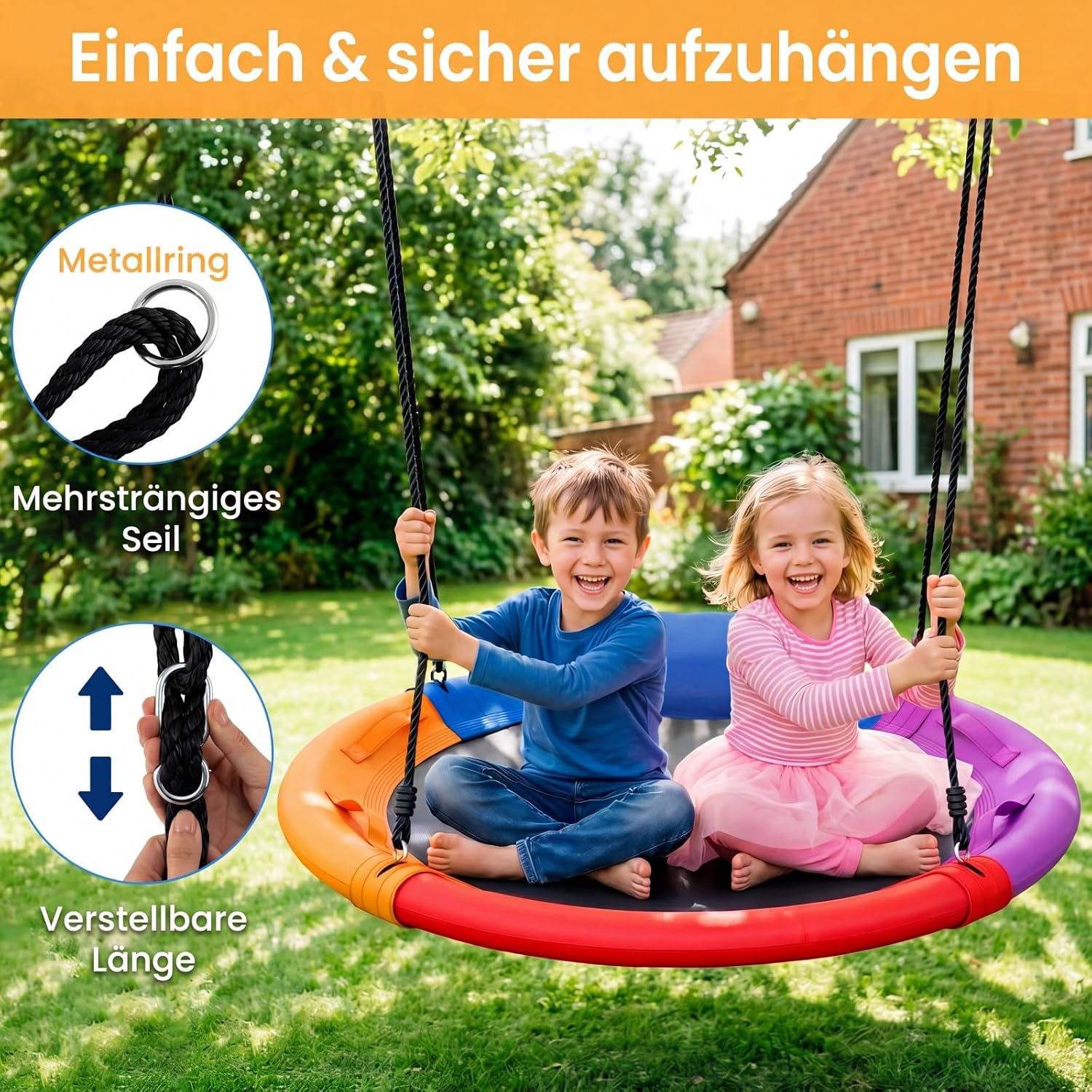 Detalle 2 de COSTWAY Nestschaukel Outdoor 120 cm – Kinderschaukel mit Kissen, Griffe und verstellbarer Aufhängung