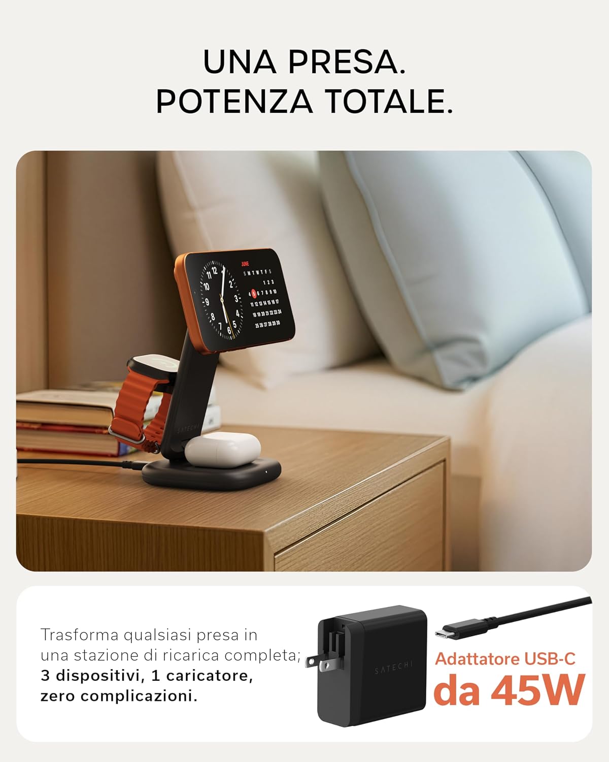Detalle de Stazione di Ricarica Wireless 3 in 1 Qi2 di SATECHI: ricarica MagSafe, Apple Watch e AirPods in un unico dock pieghevole