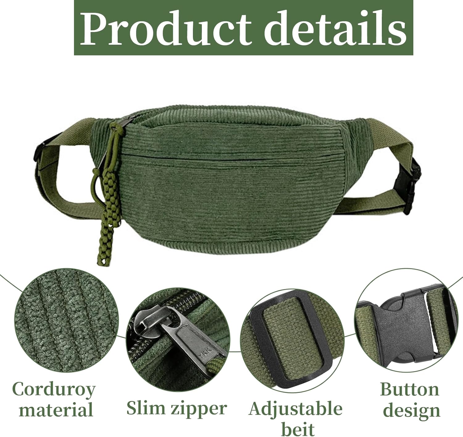 Detalle 2 de Cord Umhängetasche Damen – Grün, vielseitige Bauchtasche mit 34 × 15 × 11 cm