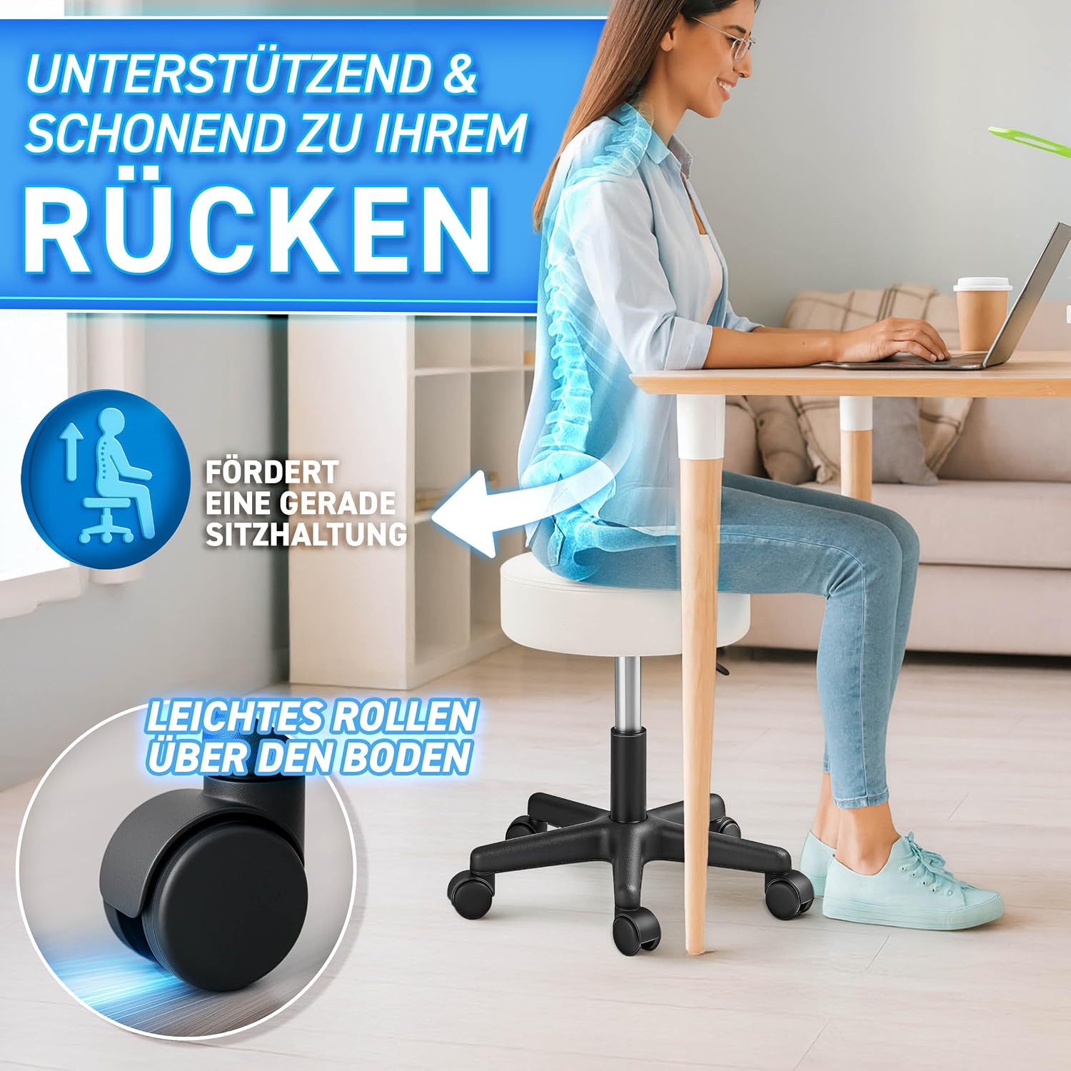 Detalle 2 de TRESKO Rollhocker höhenverstellbar Beige bis 150 kg – 360° Drehhocker mit Rollen