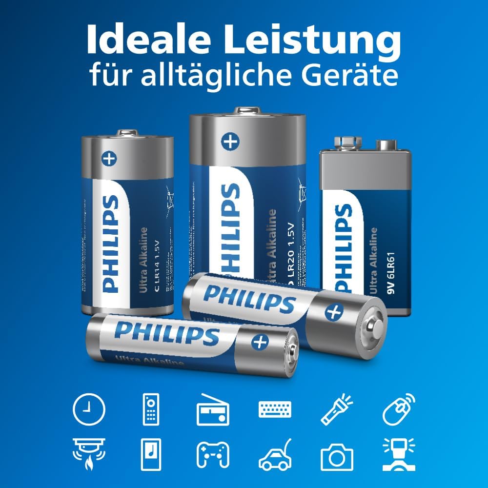 Detalle de Philips Ultra Alkali AA-/AAA-Kombipackung (40 Stück) – Vielseitige Power für Fernbedienungen, Spielzeug & mehr