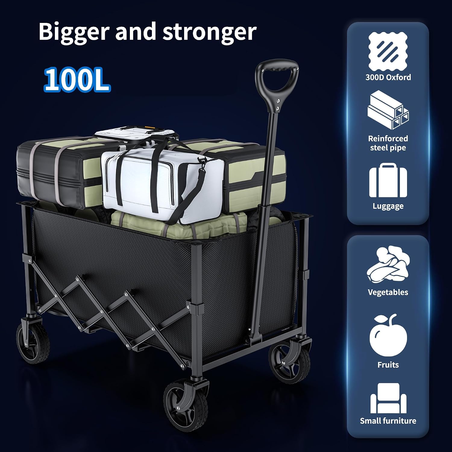 Detalle de RYGEO XW-CART-FR opvouwbare bolderkar, 100 liter, zwart
