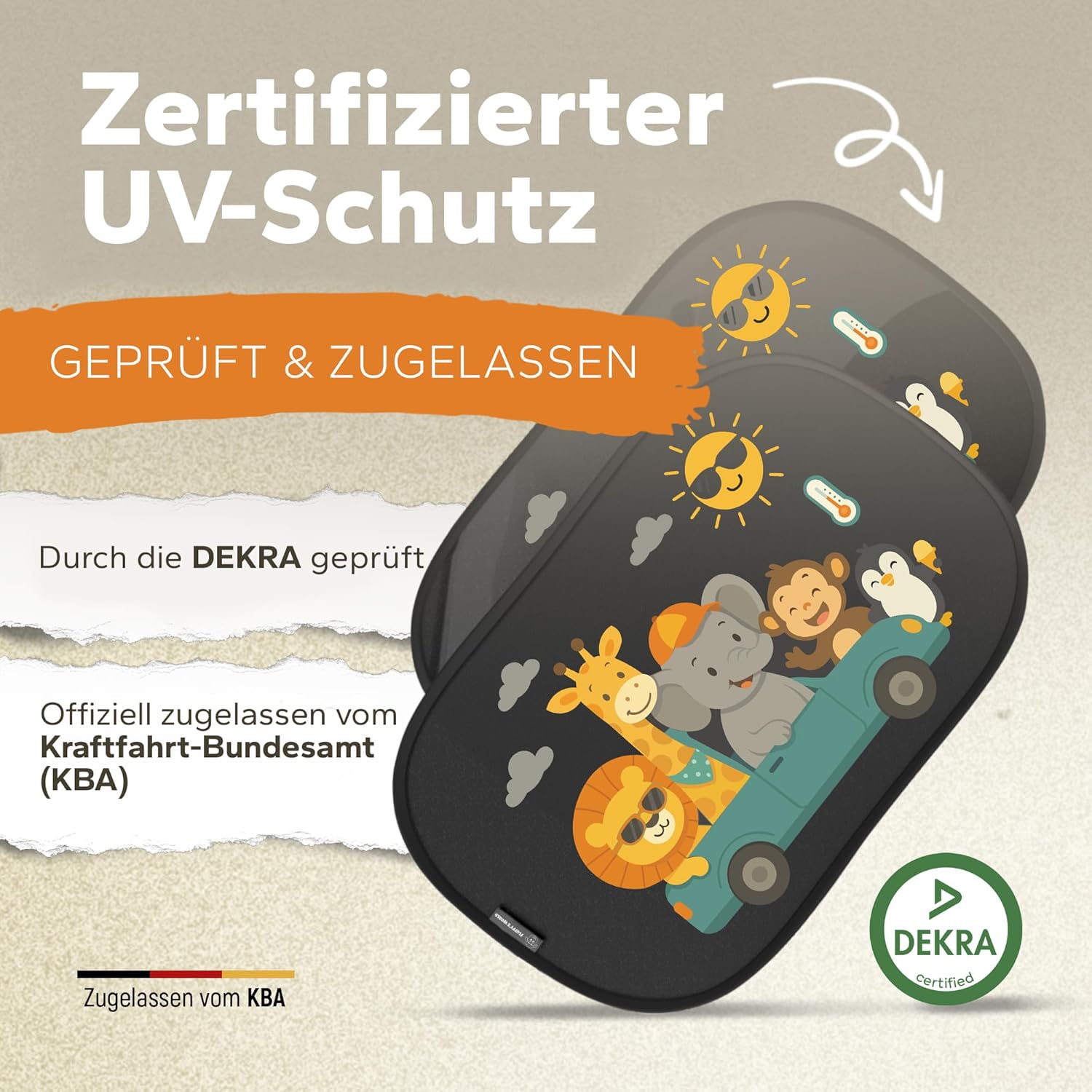 Thumbnail 1 de Sonnenschutz Auto Baby & Kinder (UPF50+) ZERTIFIZIERTER UPF-Schutz • DEKRA geprüft & KBA-zugelassen – GSM105+ Nylon mit Tier-Motiv