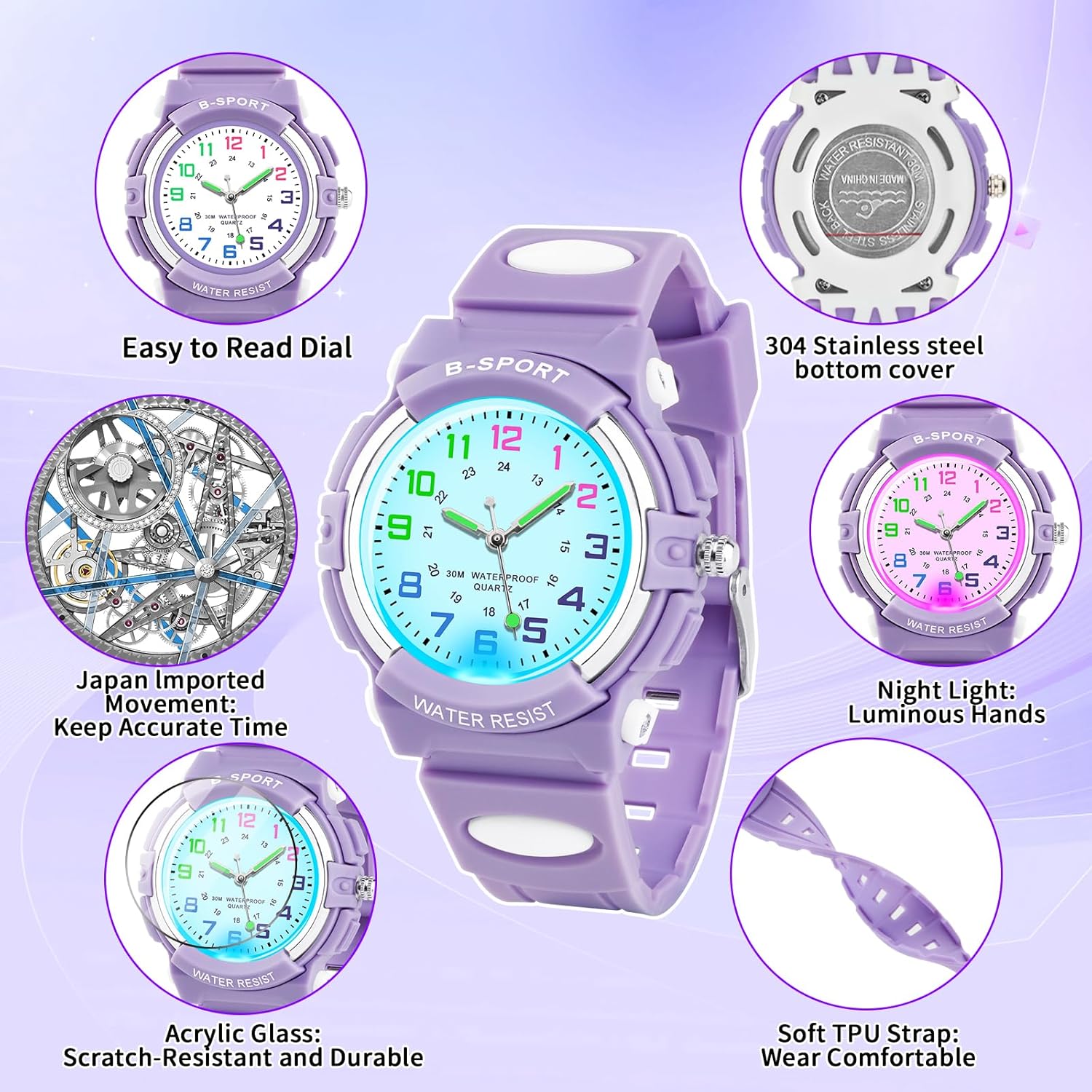 Detalle 2 de DTKID Montre Enfant – 7 LEDs colorées, étanche 30 m, adaptée aux enfants de 5 à 15 ans