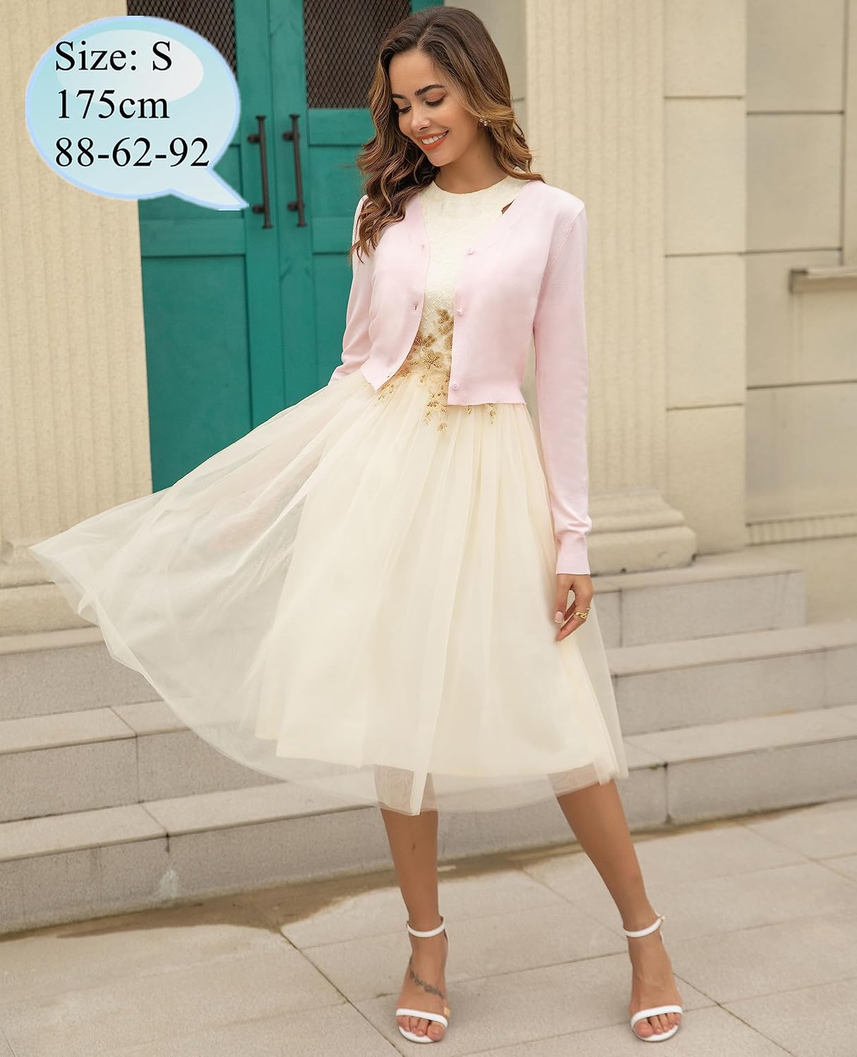 Detalle 2 de Yukiuiny Damen Bolero Bolerojacke mit V-Ausschnitt, Knöpfe und feinem Strick – elegant für Übergangszeiten