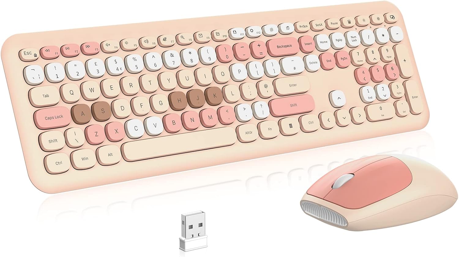 Detalle de PINKCAT Wireless Keyboard Mouse Combo – Full Size UK QWERTY Ergonomic Set (Milk Tea Pink)