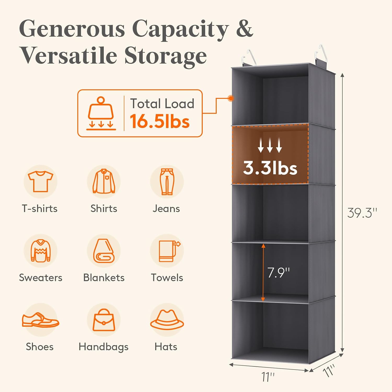 Detalle de Lifewit LF230212 5-Tier Hanging Closet Organizer, Foldable Grey Shelves
