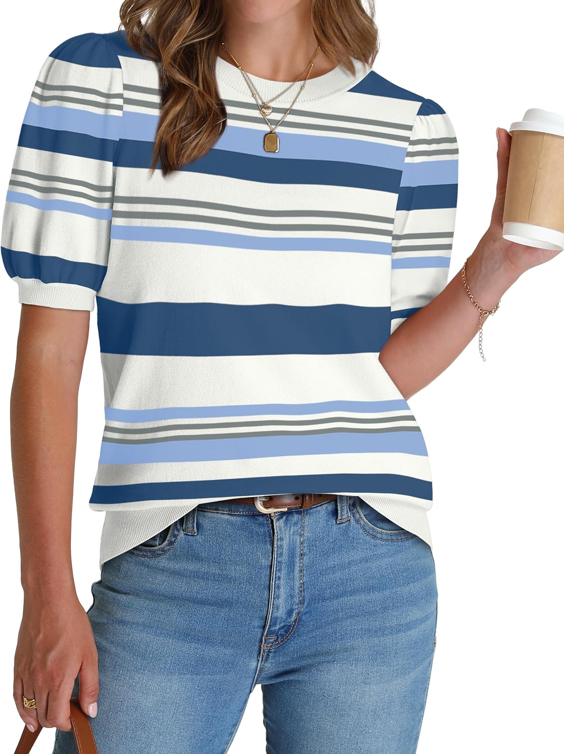 Thumbnail 6 de WIHOLL Women’s Puff Short Sleeve Sweater Top for Work and Casual Wear